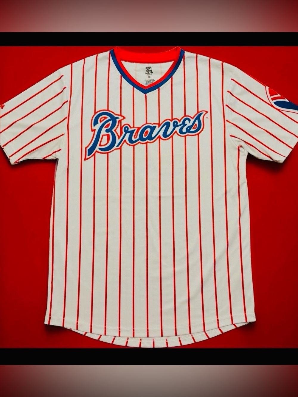 Stitches White Red Pinstripe Braves V-Neck Jersey